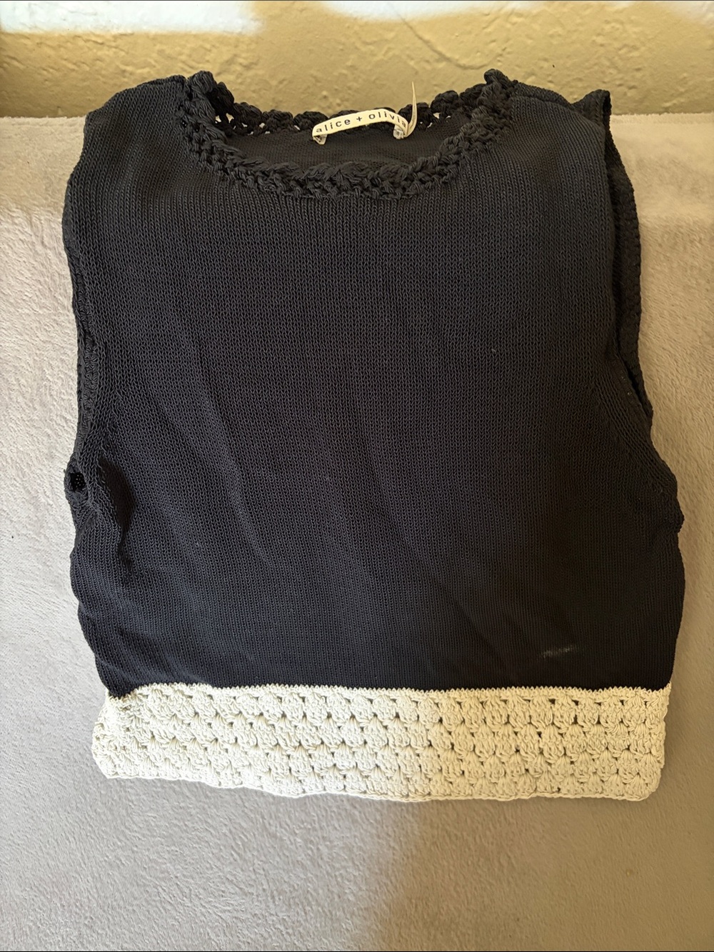 Alice + Olivia Black Knit Tank with Cream Crochet Trim